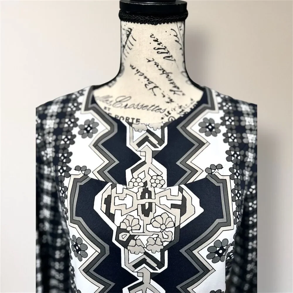 J.McLaughlin M‎ Black White Floral Geometric Catalina Long Sleeve Artsy Top